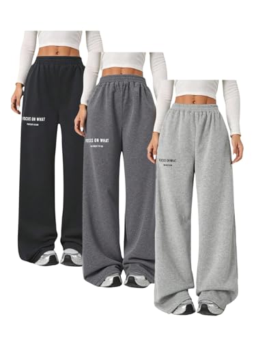Girl's Y2k 3 Pack Wide Leg Baggy Sweatpants Letter Graphic Elastic Waist Casual Workout Athletic Trousers