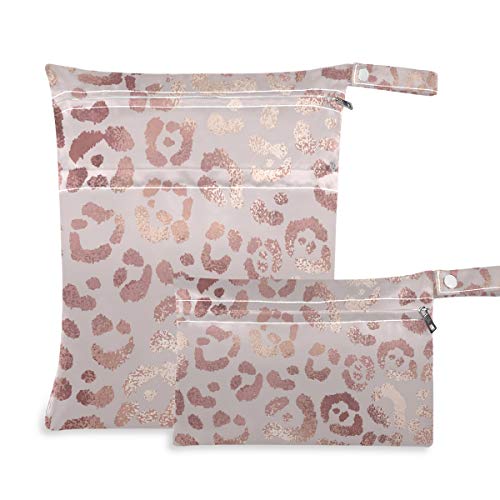 Image of Moudou 2pcs Rose Leopard Wet Dry Bag Waterproof Reusable Baby Cloth Diaper Wet Dry Organizer with Two Zippered Pockets for Travel, Beach, Pool, Stroller, Diapers, Dirty Gym Clothes, Wet Swimsuits