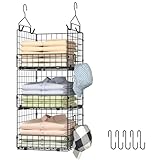Sonyabecca 3-Tier Hanging Closet Organizer, Foldable Cabinet Wire Storage Basket Bins with 5 S Hooks, Closet Shelves & Hanging Closet Shelf for Clothing, Sweaters, Handbags, Hats