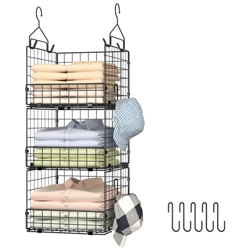 Sonyabecca 3-Tier Hanging Closet Organizer, Foldable Cabinet Wire Storage Basket