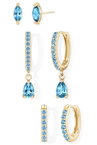 GoldGifts Birthstone CZ Earring Set for Women Blue Green Gold-Plated