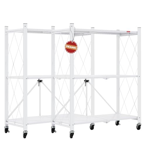 Image of DEANIC 3 Tier Foldable Storage Shelves with Wheels, Large Capacity Shelving Unit, Freestanding Metal Wire Shelf Rack, No Assembly Organizer Rack for Garage Kitchen, Basement, Pantry(White Pack of 2)