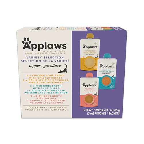Applaws Natural Wet Cat Food in Mousse Topper, Limited and Natural Ingredients, High Protein with No Artificial Additives, Fish and Chicken Variety Bone Broth (12 x 3oz Resealable Spout Pouches)