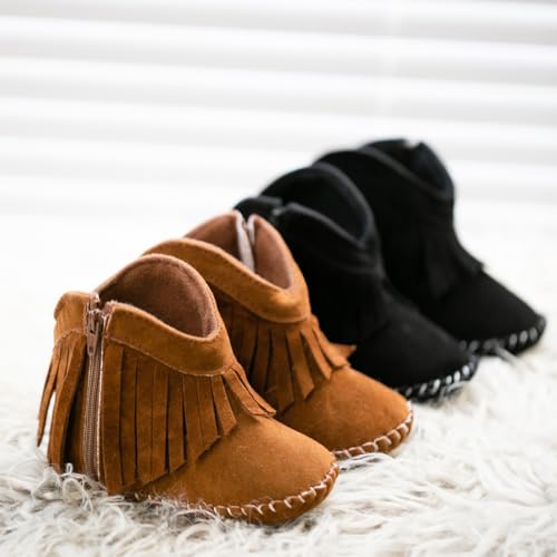 Image of Meckior Baby Girls Cowboy Tassel Boots Side Zipper Moccasins Soft Bottom Non-Slip Toddler Shoe