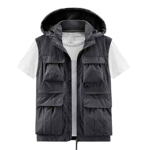 Gilet cargo nylon homme à capuche veste sans manches multipoches décontractée