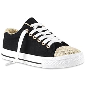 stiefelparadies Stiefelparadies Sportliche Damen Sneakers Low Freizeit Turn Schuhe 111409 Schwarz Gold 37 Flandell