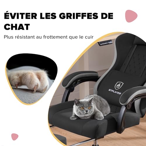 GTPLAYER Chaise de gaming ergonomique avec surface en tissu, coussin de siège à ressort, accoudoirs de connexion et repose-pieds, noir – Image 6