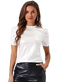 Allegra K Women's Metallic Glitter Top Party Round Neck Puff Sleeve Stretch Shiny Sparkly Tops Large Holographic White