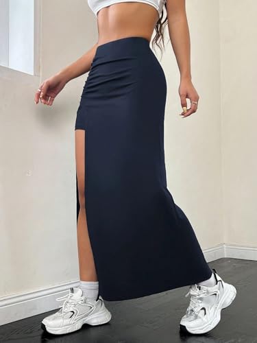 Women High Waist Solid Color Pleated High Slit Long Skirt Summer Skirt4