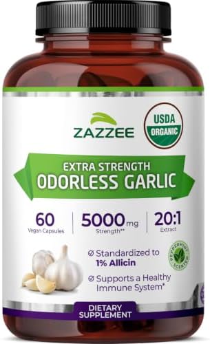 Zazzee USDA Organic Odorless Garlic 20:1 Extract, 1% Allicin, 60 ...