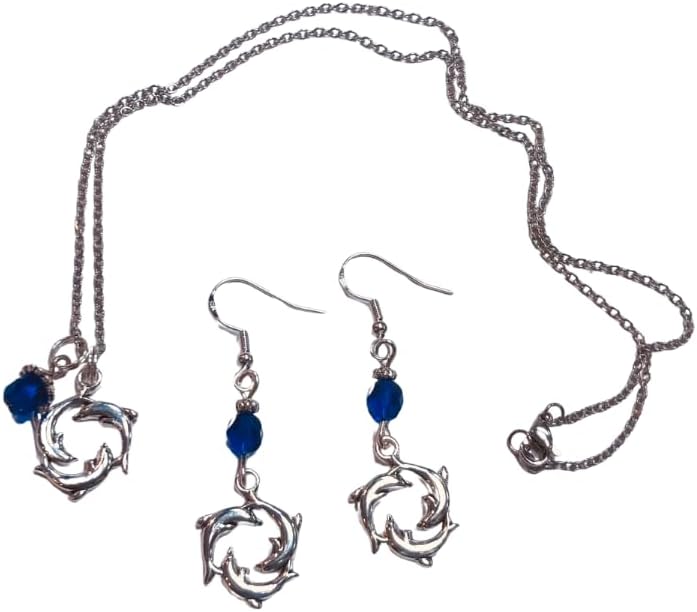 Circle of Dolphins Necklace and Earring Set, accented with cobalt blue faceted crystal accent bead, on sterling silver earwires and an 18 inch chain