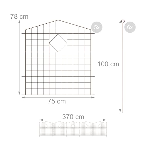 Relaxdays Teichzaun, 5 Zaunelemente, HxB: je 78x75 cm, Garten, Begrenzungszaun Oberbogen, zum Stecken, Metall, braun