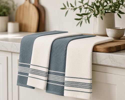 Image of Kitchen Towels, Blue and White Stitched Design Hand Towels, Cotton Soft Large 18 x 28 Dobby Weave Super Absorbent Tea Towels Drying Cloth Kitchen Linens