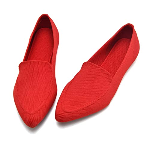 Puxowe Women's Pointed Toe Ballet Flat Shoes Knit Dress Shoes Low Wedge Loafer Comfortable Slip On Walking Driving Shoes Red Size 7 Us #TOP4