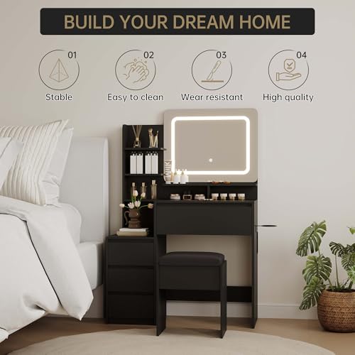 Makeup Vanity with Lights, 36-Inch Vanity Desk, 4 Large Drawers, 3 Lighting Modes, Stool & Charging Station, Modern Vanity Table for Bedroom, Women, Black