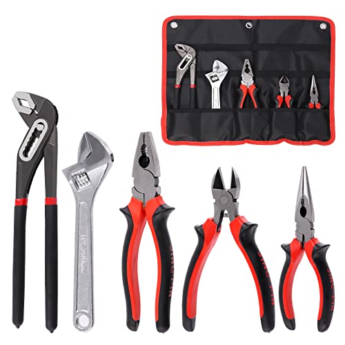 Swpeet 5Pcs Pliers Set with Storage Pouch Assortment Kit, Including Tongue and Groove Plier, Water Pump Pliers, Long Nose, Diagonal Cutting, Locking Pliers, Adjustable Wrench and Linesman Pliers