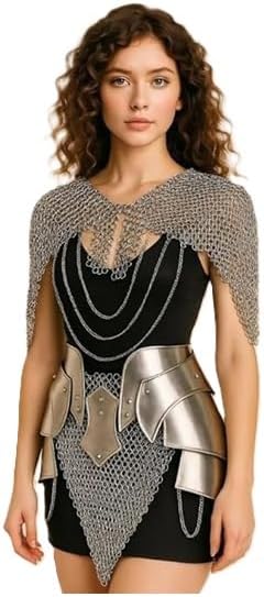 Medieval Fantasy Chainmail Armor Set, Women's LARP Costume with Harness Top and Skirt, Silver and Black, Handmade for Cosplay