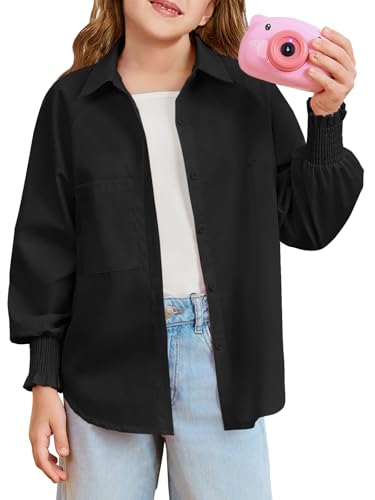 Haloumoning Girls Button Down Shirts Long Smocked Puff Sleeve Oversized Blouse Tops 5-14 Years