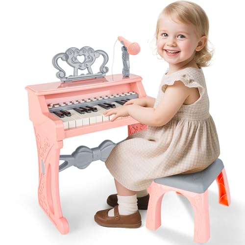 deAO Piano para meninas, 25 teclas eletrónicas piano musical com microfone e tamborete, piano infantil 22 músicas, vários modos de música, USB/Mp3, rosa