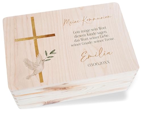 Holzkiste Erinnerungsbox - Kommunion - Kreuz mit Taube Name Spruch Datum - personalisierte Kommunionsgeschenke Deko - 30 x 20 x 14 - Holz - box geschenke zur erstkommunion für jungen