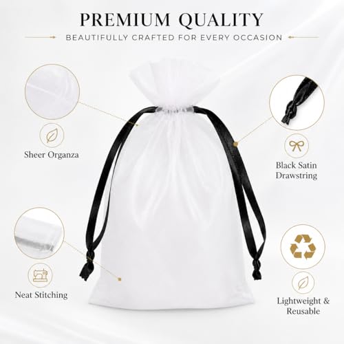 Image of Hopttreely White Organza Bags with Black Drawstring, 4x6 Inch Premium Mesh Drawstring Gift Bags for Party Favors, Jewelry, Weddings, Small Business, Baby Shower, Graduation, Candy & Goodie Bags
