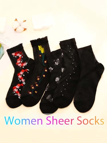 Image of Campsis Floral Sheer Ankle Socks Patterned See Through Socks for Women | Black Dress Sock Candy Sheer Socks Transparent Nylon Socks