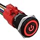 APIELE 19MM Verriegelung Druckschalter 12VDC 5A, Aluminiumlegierung mit LED Power Symbol wasserdicht Latch Drucktastenschalter, Auto RV LKW Boot EIN/AUS Taste Schalter (Schwarz Schale/Rot)