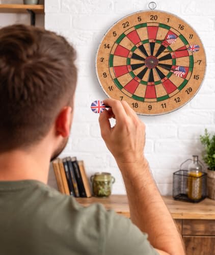 Image of Leosportz Dart Board 14 Inches | Double-Sided Wooden Dartboard with Cork Surface | Steel Tip Darts Included | Indoor & Outdoor Dart Game for Kids & Adults (Wodden Board, 14 inch)