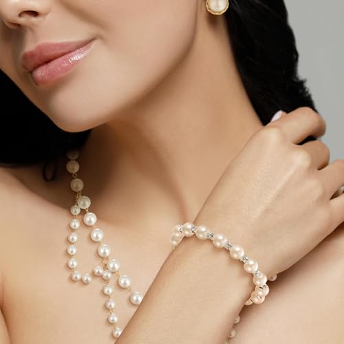 Image of Glenmal Pearl Rhinestone Jewelry Set for Women Pearl Necklace Bracelet Earrings for Wedding Halloween Bridal Shower Tea Party