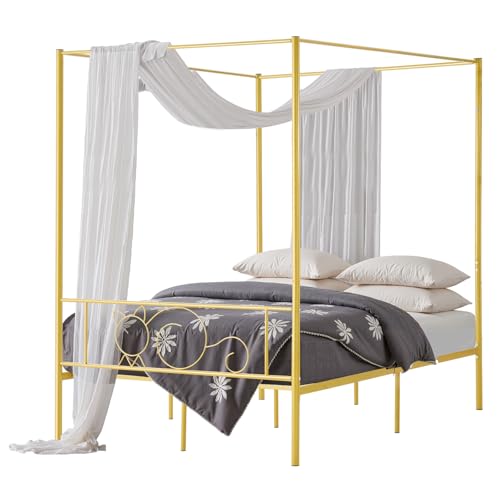 VEVOR Canopy Bed Frame Full Size, Metal Canopy Bed with Minimalist Headboard & Four Posters Design, Heavy Duty Steel Slats Support, Underbed Storage Space, No Box Spring Needed, Easy Assembly, Gold