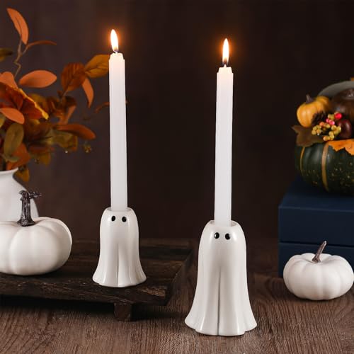 Reallnaive 2 Pcs Halloween Ghost Candlestick Holders Cute Ghost Shape Candle Stick Holders Halloween Ceramic Taper Candleholder for Wedding Party Holiday Office Home Gift Decorative Table Centerpiece