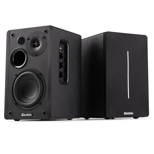 Audizio KS01B - Paire d’Enceintes HiFi Bibliothèque 120 W Finition Noire | BT sans Fil, Entrées RCA/Optique, Design Moderne, Son Clair et Puissant