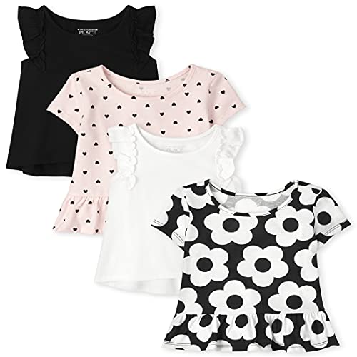The Children s Place Baby Toddler Girl Short Sleeve Print Ruffle Top 4-Pack, Black White Pink, 5T