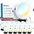 Sunco 12 Pack 6 inch LED Disk Recessed Lighting with Junction Box 14W Selectable CCT 2700K/3000K/3500K/4000K/5000K Dimmable 1300 LM Canless ETL