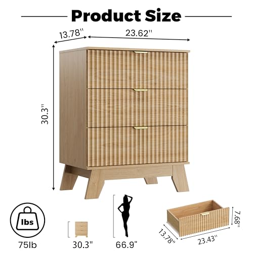 Image of Wodeer Night Stand Set 2, Bedside Table & End Table, Mid Century Modern Fluted Wood Nightstand with 3 Drawers & Metal Handles, Farmhouse Nightstand for Bedroom, Natural Oak