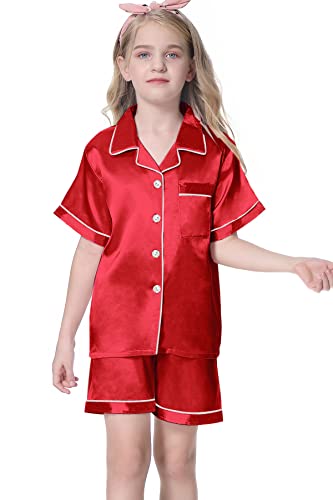 Image of Umeyda Women & Girls Pajamas Set, Soft Satin Lightweight Silk Button-Down Top with Shorts 2 Piece PJS for Mom Boys Kids Gifts