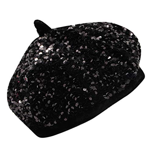 Eilova Orityle Women Beret Hat Glitter Sequins French Style Beanie Cap Adjustable Fashion Shimmer Hat For Girls Ladies Black #TOP2