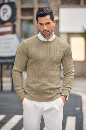 COOFANDY Pullover für Herren Zopfmuster Pullover mit Rundhals Kragen Slim fit Langarm Winterpullover Kamel L