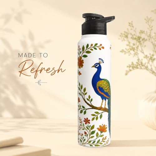 Image of Omichef Stainless Steel Single Wall Peacock Floral Print 1000ML, Fridge Water Bottle |BPA Free | Leak-Proof, Best for School /Office /Home /College