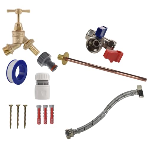 MYPURECORE Complete Outdoor Tap Kit Brass Garden Bib Tap with Wall Plate Isolating Tee PTFE & Fixings DIY Outside Tap Installation Kit for Hose Jet Wash Garden Water Access