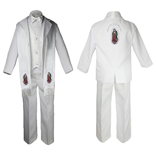 Image of Baby Boy Christening Paisley Suit Silver Guadalupe Maria on Stole & Back SM-20