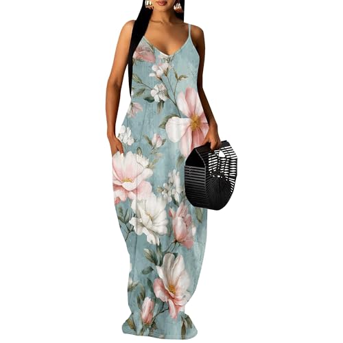 Image of Women's Summer Maxi Dress Spaghetti Strap Floral Boho Beach Long Sundress with Pockets