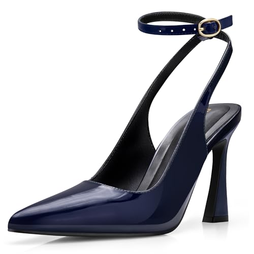 PARTY Womens Pointed Closed Toe Heels Stiletto Slingback High Heel for Women Dressy Pumps for Wedding and Office Work or Going Out Navy Patent-8
