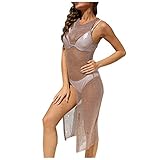 Jushye Womens Bikini Cover Up, Fashion Sexy Crochet Hollow Out Beach Swimsuit Fishnet Cover Up Bathing Swimwear Dress (Gold, S)