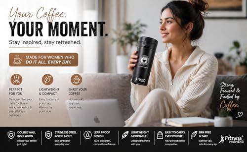 Image of Fitness Mantra Stainless Steel Coffee Mug 380ml | Double Wall Insulated Travel Mug | Leak Proof Lid | Hot & Cold Thermal Cup | Portable & Lightweight for Office, Car & Travel