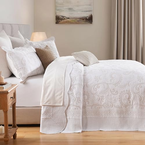 Oversized King Bedspread 120x120, Damask Scrolls Embroidery, Beige/White - image 3