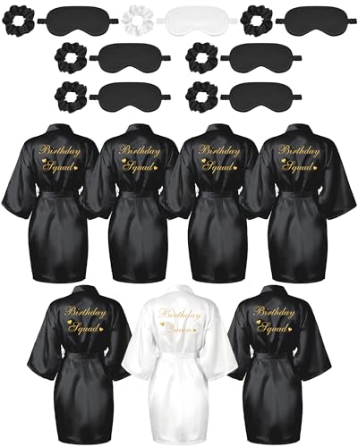 Image of Neer 21 Pcs Women Birthday Party Robe Set Queen Squad Kimono Satin Bathrobes with Eye Mask and Scrunchie for Birthday