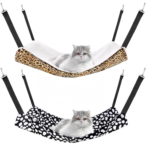 Jetec 2 Pack Cat Hammock for Cage Catio Accessories Reversible Soft Cats Bed with Adjustable Straps and Hooks Double-Sided Linen and Fleece Hanging Hammock for Cats Kitten(Leopard and Dot M)