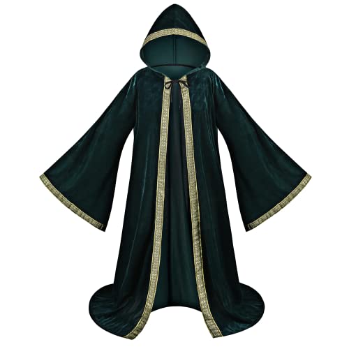 maxToonrain Mystic Wizard Robe Full Length Hooded Velvet Cloak Wide Sleeve Style Adult Medieval Retro Vintage Renaissance Costume Fancy Dress for Halloween Masquerade (Green-142cm)