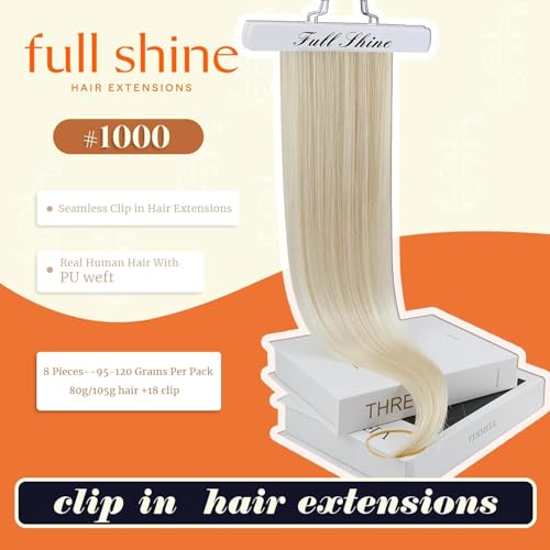 Image of Full Shine Blonde Human Hair Clip in Extensions, 22 Inch 120g 8 Pcs | Long Hair Extensions for Women, Seamless Clip Ins, Long Straight Remy Natural Hair, Adds Volume, Heat Styling for Wedding